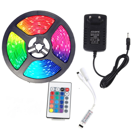 Kit Complet Bandă LED RGB 5m - 300 LED-uri, Multicoloră, Impermeabilă IP65, Telecomandă + Transformator