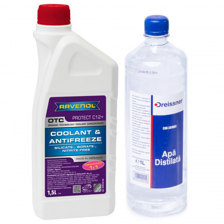 Uleiuri si Lichide - Pachet 2.5 litri antigel concentrat Ravenol OTC rosu si apa distilata