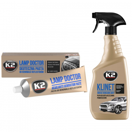 Branduri - Pachet pasta K2 pentru restaurarea manuala sau mecanica a farurilor 60g + degresant K2 cu pulverizator pentru caroserie 750ml