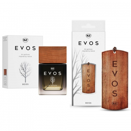 Odorizante Auto - Pachet Parfum auto K2 Evos Boss 50 ml + odorizant auto pandantiv din lemn K2 Evos Boss (Unisex)