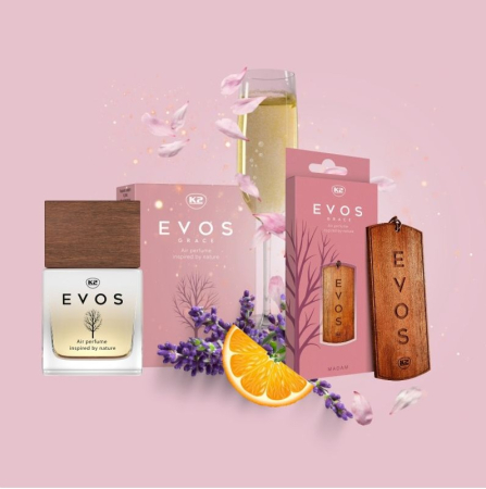 Pachet Complet Odorizant Auto K2 EVOS GRACE MADAM: Pandantiv Lemn + Parfum Spray 50ml, Aromă Florală (Portocală, Lavandă, Ambră) [2]