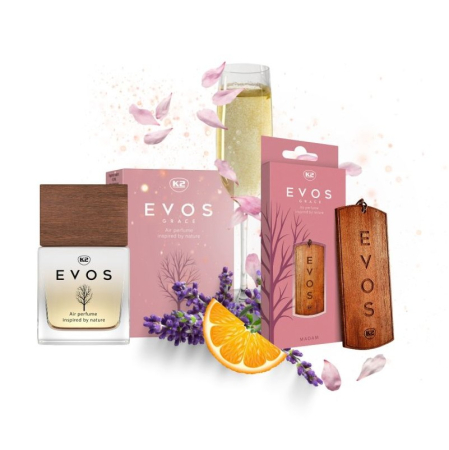 Pachet Complet Odorizant Auto K2 EVOS GRACE MADAM: Pandantiv Lemn + Parfum Spray 50ml, Aromă Florală (Portocală, Lavandă, Ambră) [1]