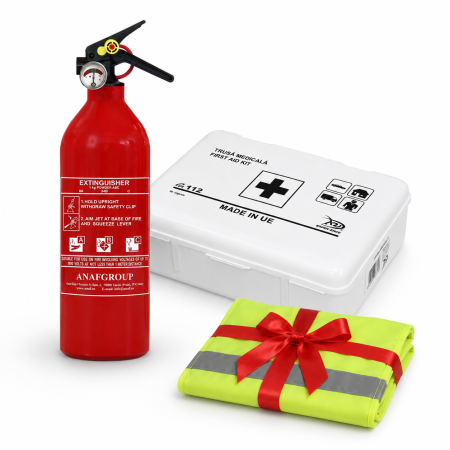 Accesorii Auto - Pachet siguranta auto stingator 1 kg ABC si trusa medicala DIN 13164 + cadou vesta reflectorizanta