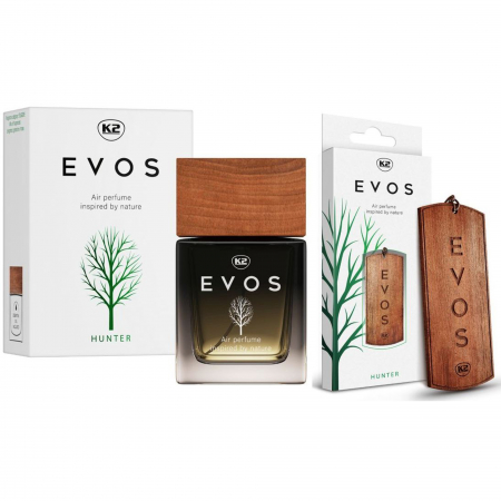 Odorizante Auto - Pachet parfum auto K2 Evos Hunter 50 ml + odorizant auto pandantiv din lemn K2 Evos Hunter (Barbatesc)