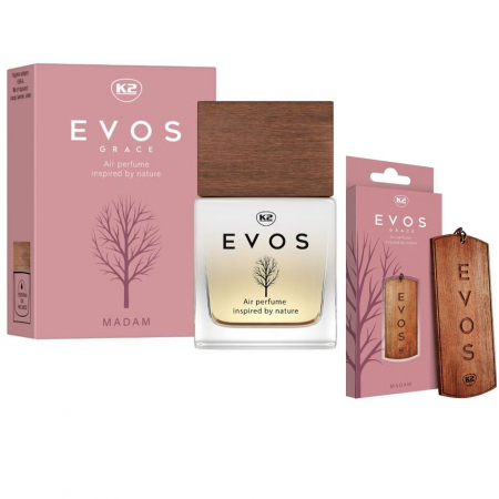 Odorizante Auto - Pachet parfum auto K2 Evos Madam 50ml + odorizant auto pandantiv din lemn K2 Evos Madam (Dama)
