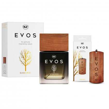 Branduri - Pachet parfum auto K2 Evos Samurai 50 ml + odorizant auto pandantiv din lemn K2 Evos Samurai (Barbatesc)