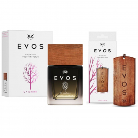 Odorizante Auto - Pachet parfum auto K2 Evos Unicorn 50 ml + odorizant auto pandantiv din lemn K2 Evos Unicorn (Unisex)