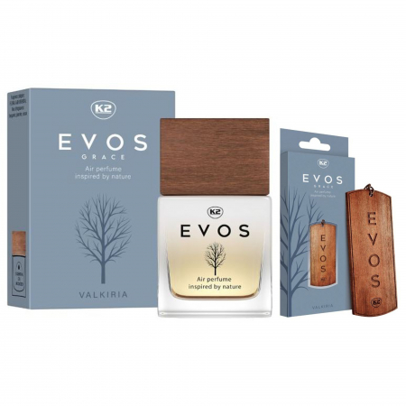 Odorizante Auto - Pachet parfum auto K2 Evos Valkiria 50ml + odorizant auto pandantiv din lemn K2 Evos Valkiria (Dama)