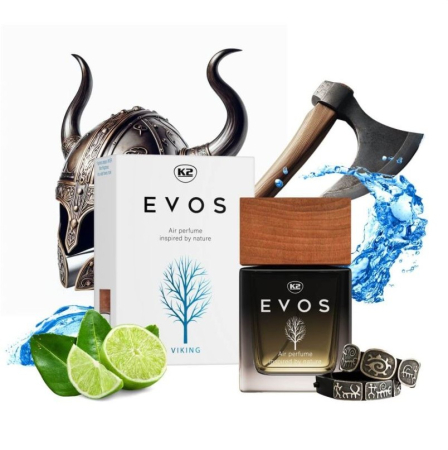 Parfum Auto Spray K2 EVOS VIKING 50ml, Aromă Acvatică (Lime, Flori de Apă, Mosc), Sticlă cu Dop de Lemn [1]