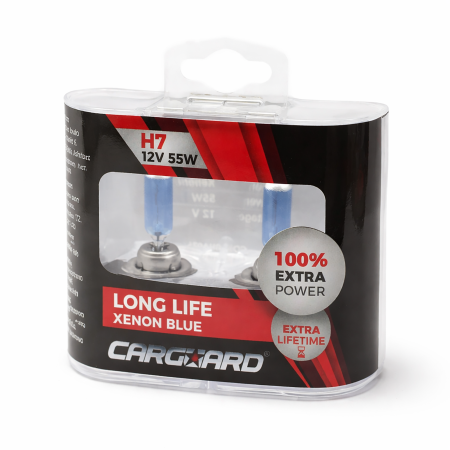 Branduri - Set 2 Becuri Auto Halogen H7 Long Life, Intensitate +100%, Efect Alb Xenon, 12V, 55W, Sticla Quartz, Durata de Viata Extinsa