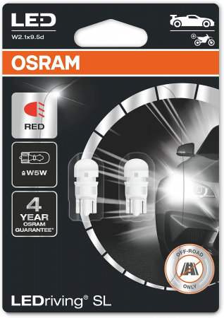 Auxiliare LED - Set 2 becuri auxiliare LED W5W 12V Osram Red Blister 6000K