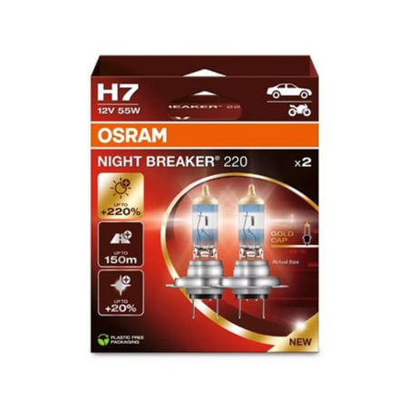 Branduri - Set 2 Becuri Halogen H7 Osram Night Breaker 220, +220% Mai Multa Lumina, Fascicul 150m, 12V, 55W, PX26d, Next Generation