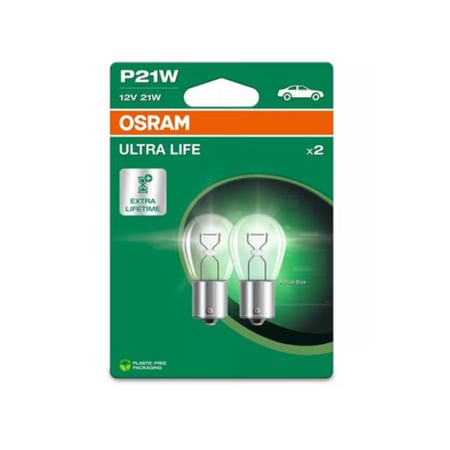 Branduri - Set 2 Becuri Auto P21W 12V Osram Ultra Life, Soclu BA15s, Durata de Viata Extinsa (4x), Semnalizare / Frana / Marsarier