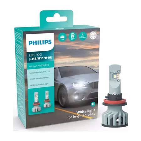 Electrica si Electronice Auto - Set 2 LED-uri H8/H11/H16 PHILIPS Ultinon Pro5100 HL - +160% Lumină, 5800K, 12V/24V