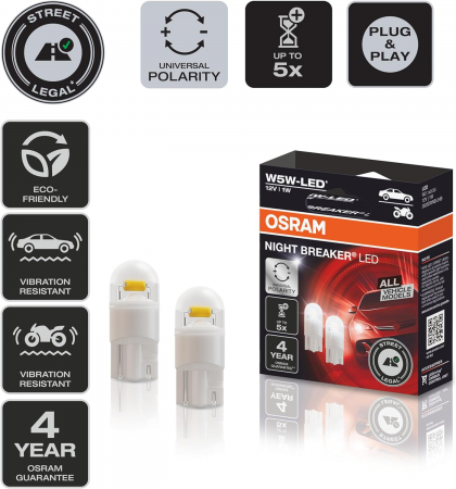 Set 2 W5W Osram Cutie Night Breaker LED omologare RAR Street Legal 6000K [1]