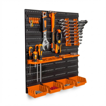 Organizatoare si cutii scule - Panou Organizator Scule de Perete, Set 2 Placi Modulare (475x272mm), 14 Suporturi + 4 Cutii Depozitare, Plastic Rezistent, Atelier si Garaj
