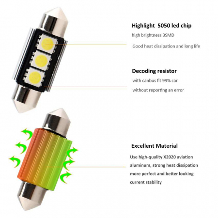 Set x 2 LED C5W 39 mm 3 SMD 5050 Chips Technology 6000K alb pur [3]