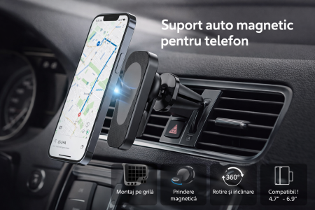 Suport Auto Magnetic Kaku KSC-163, Prindere Grila Ventilatie, Rotire 360 Grade, Multifunctional, Compatibilitate Universala 4.7-6.9 Inch, Negru [1]