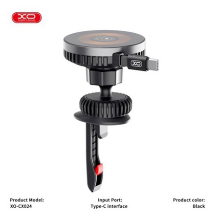 Suport Auto Magnetic cu Incarcare Wireless 15W XO CX024, Compatibil MagSafe, Prindere Grila Ventilatie, Rotire 360, Cablu Type-C Inclus, Negru [1]