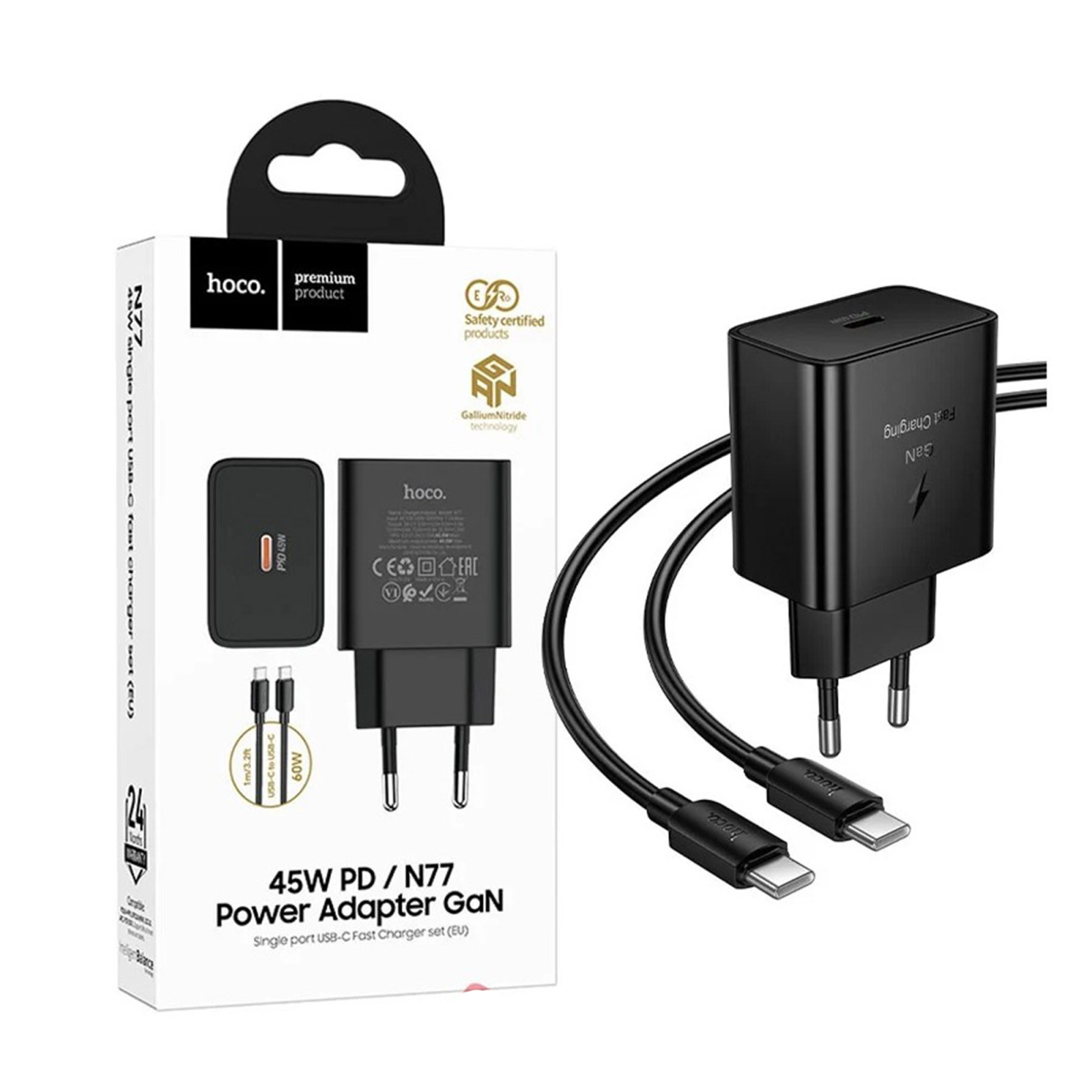 Încărcător Rețea HOCO N77 GaN 45W (PD QC 3.0) + Cablu USB-C (1m), Negru