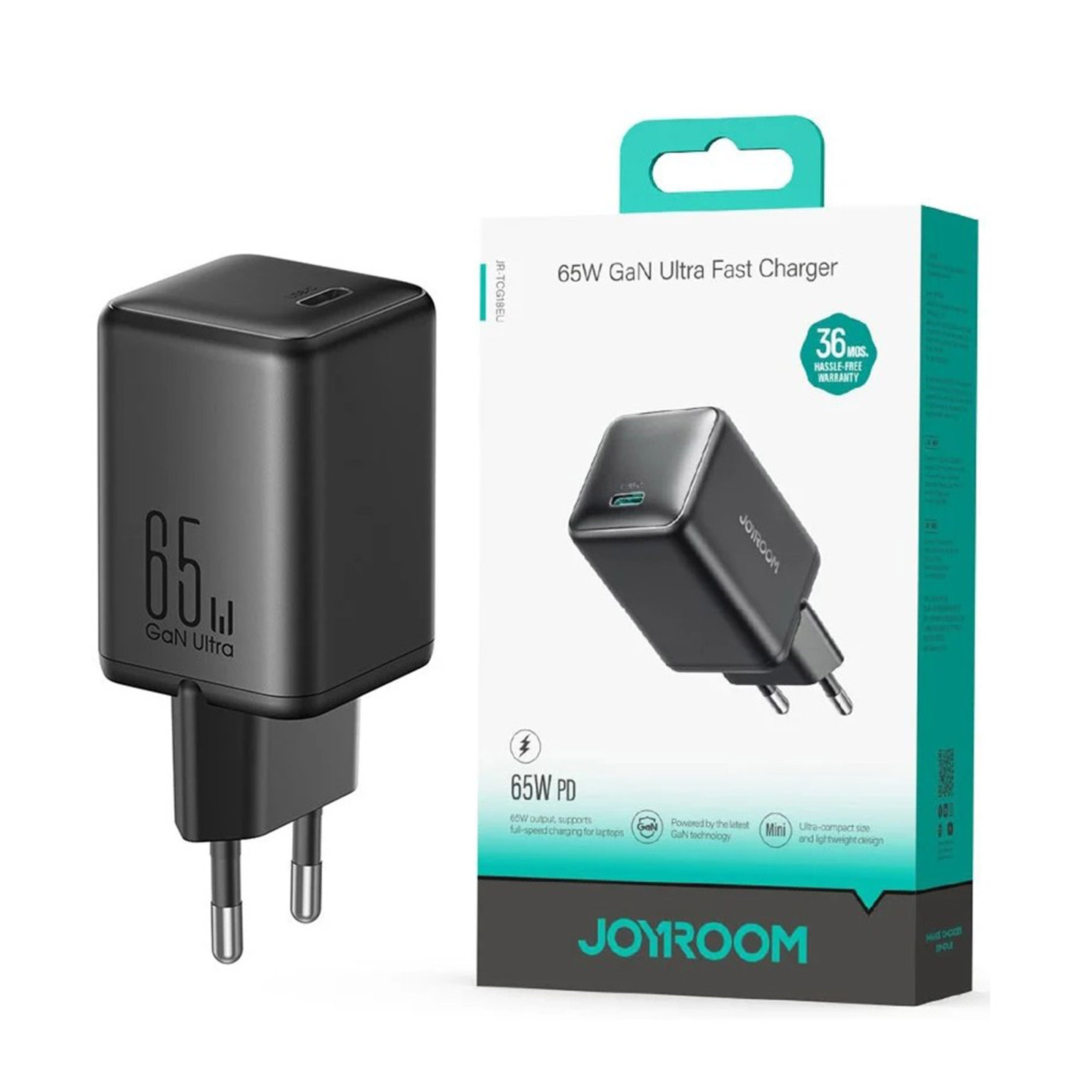 Încărcător Rețea Joyroom JR-TCG18 GaN 65W (2x USB-C) + Cablu Type-C 1m, Alb