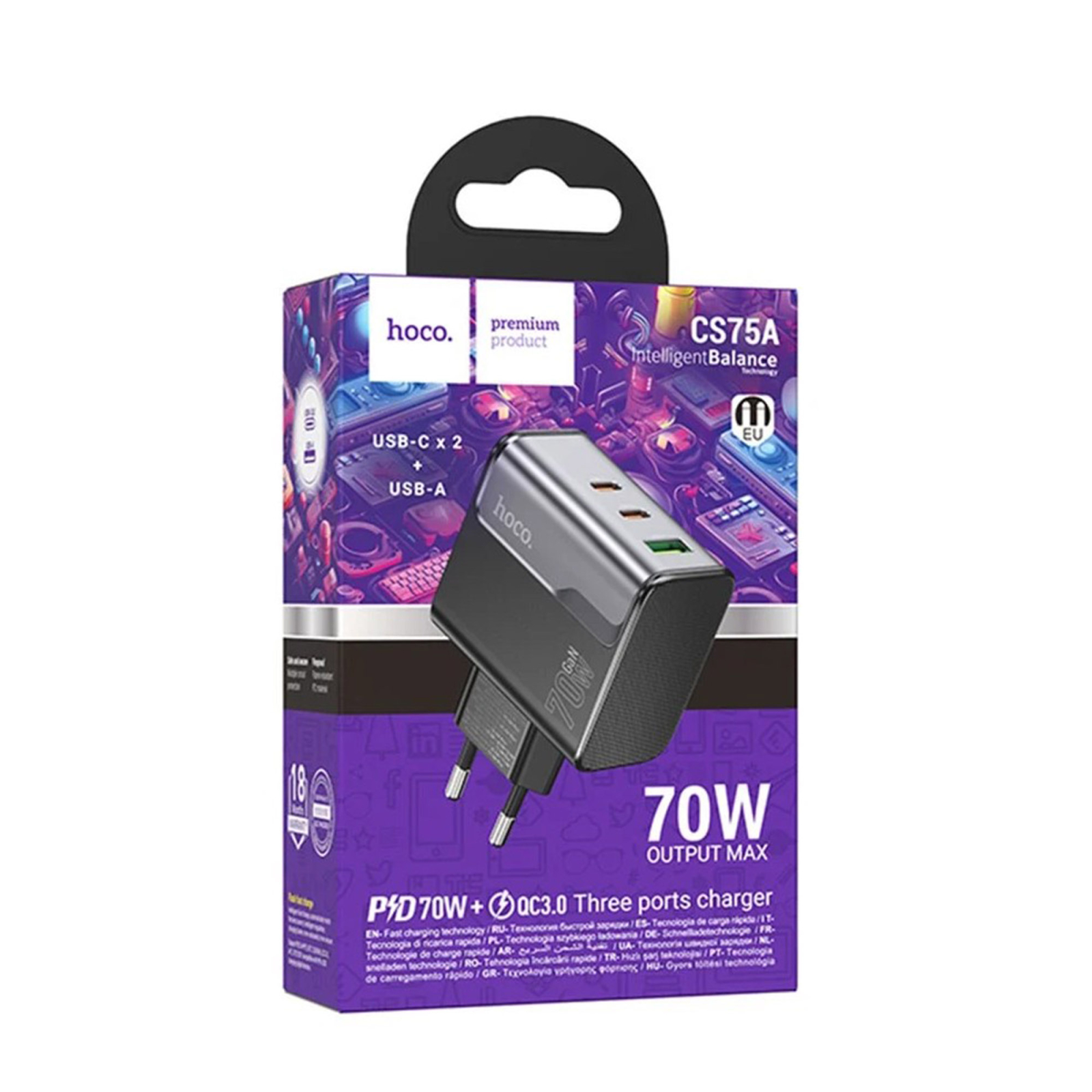 Încărcător Rețea HOCO CS75A, 70W, 3 Porturi (2x USB-C PD, 1x USB-A QC 3.0), FastCharge StarSpeed, Negru