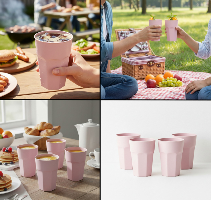 Set 4 pahare din plastic dur, reutilizabile, roz pal, 480 ml, utilizare universala, pentru apa, suc, ceai sau cocktail [2]