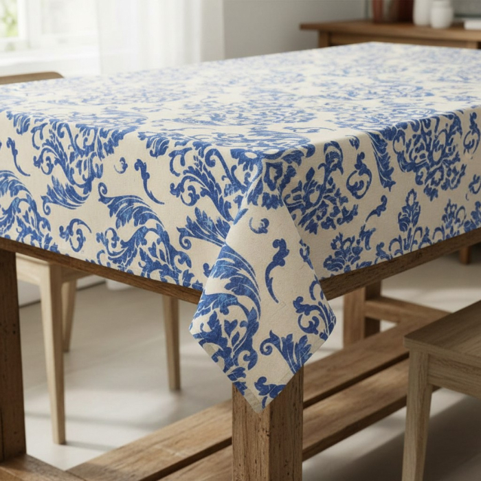 Fata de masa, material textil, bumbac/poliester, 180x140 cm, bej albastru, stil baroc [2]