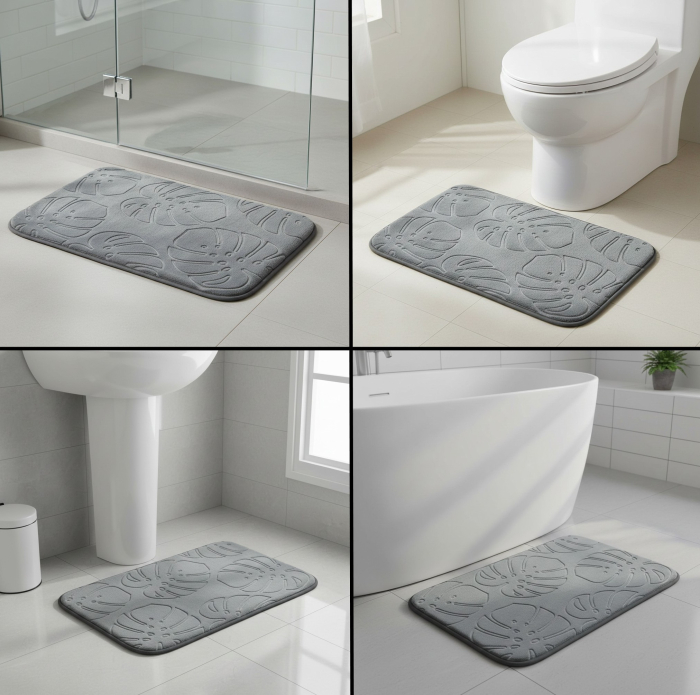 Covoras de baie, moale si confortabil, model cu frunze in relief, 60x40 cm, gri, poliester, antiderapant [2]