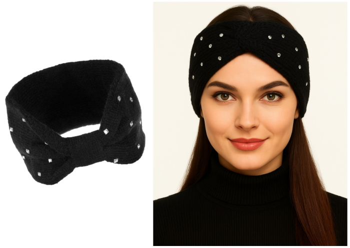 Bentita par tricotata, de iarna, neagra, cu nod si strasuri argintii, 11 cm latime [1]