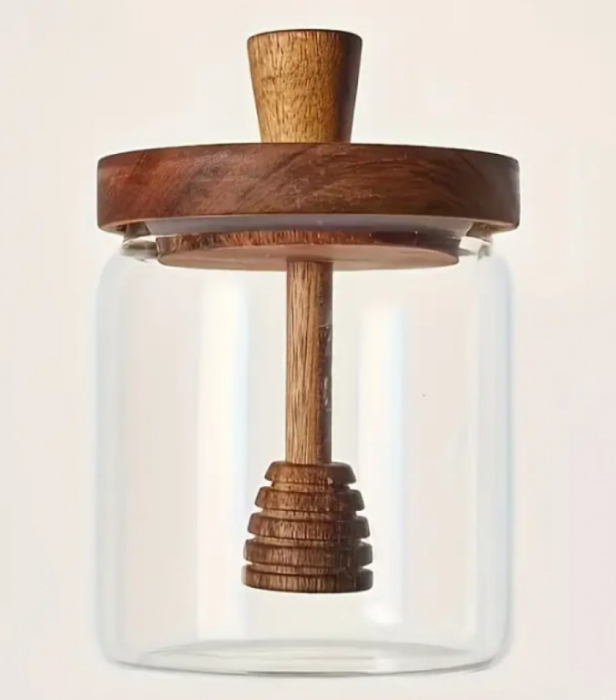 Borcan miere din sticla, cu capac din lemn si lingurita atasata,  450 ml [4]