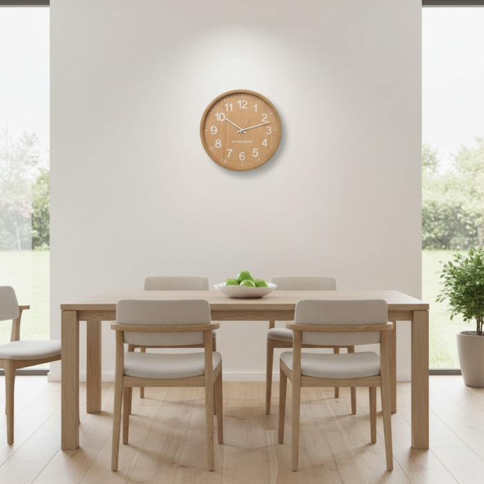 Ceas decorativ de perete, aspect modern, Ø 40 cm, model imitatie lemn, bej, pentru living, bucatarie, birou sau dormitor [3]