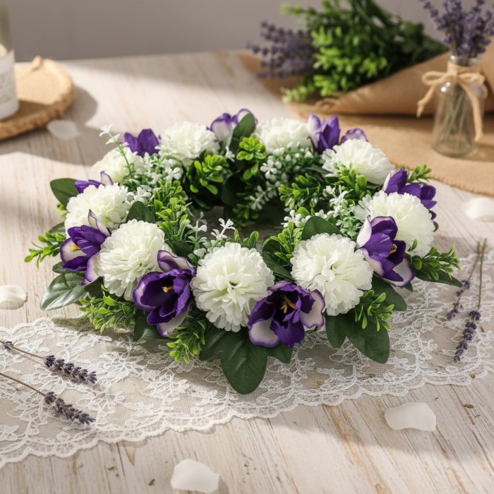 Coronita decorativa, flori artificiale mov si albe, Ø25 cm, utilizare universala, decor sezonier interior/exterior, evenimente, spatii rezidentiale si comerciale [2]