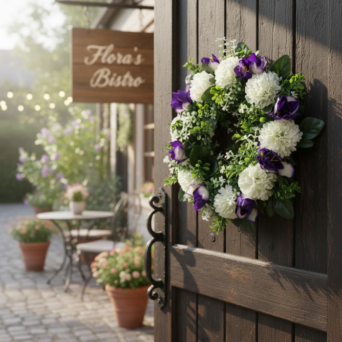 Coronita decorativa, flori artificiale mov si albe, Ø25 cm, utilizare universala, decor sezonier interior/exterior, evenimente, spatii rezidentiale si comerciale [3]