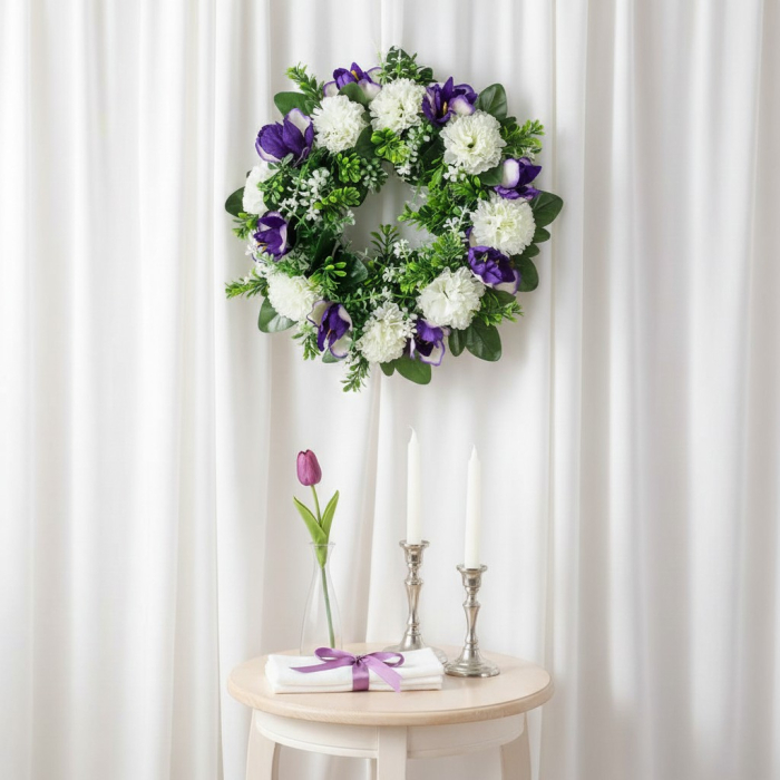 Coronita decorativa, flori artificiale mov si albe, Ø25 cm, utilizare universala, decor sezonier interior/exterior, evenimente, spatii rezidentiale si comerciale [5]