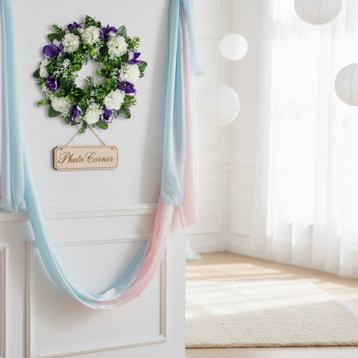 Coronita decorativa, flori artificiale mov si albe, Ø25 cm, utilizare universala, decor sezonier interior/exterior, evenimente, spatii rezidentiale si comerciale [6]