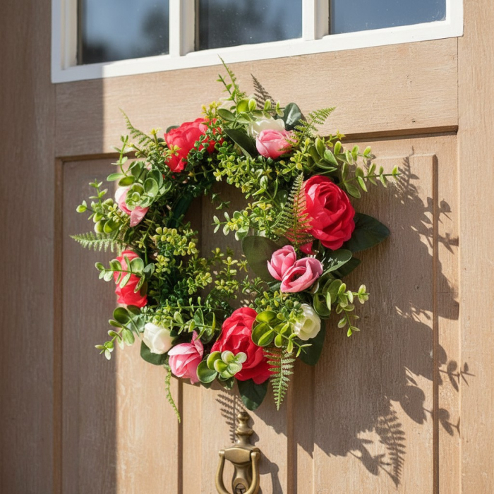 Coronita decorativa, flori artificiale roz, Ø25 cm, utilizare universala, decor sezonier interior/exterior, evenimente, spatii rezidentiale si comerciale [1]