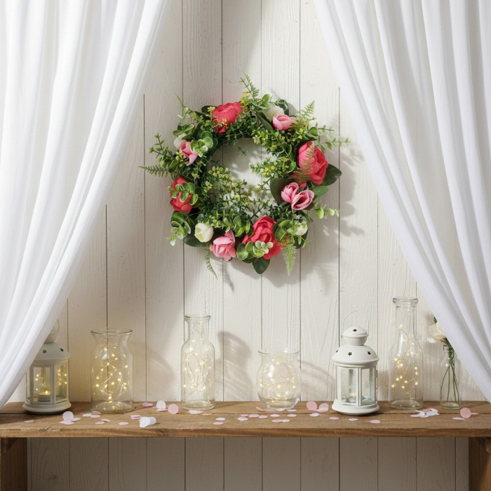 Coronita decorativa, flori artificiale roz, Ø25 cm, utilizare universala, decor sezonier interior/exterior, evenimente, spatii rezidentiale si comerciale [2]