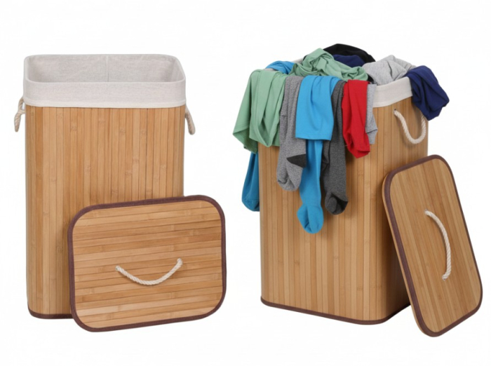 Cos de rufe din bambus cu sac textil – organizare eleganta pentru baie si dressing, 72 Litri, 40x30x60 cm [5]