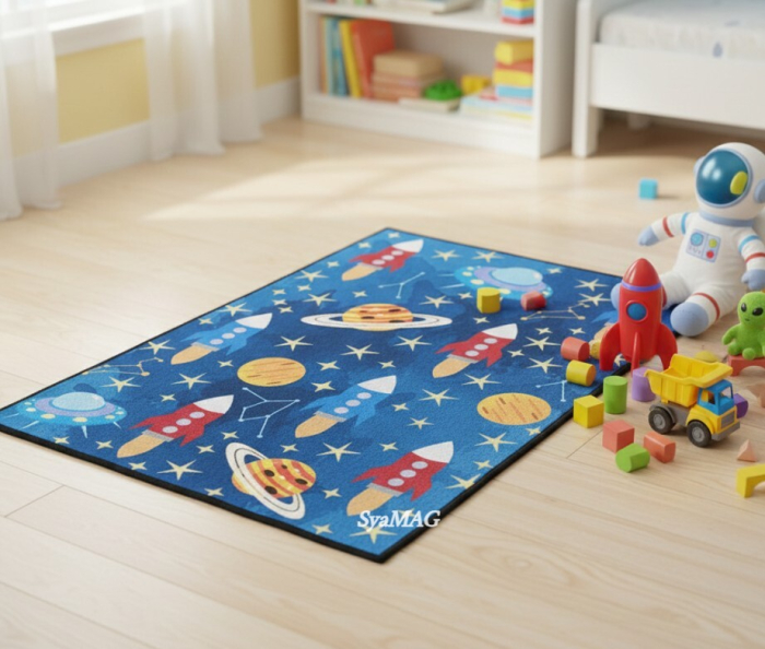Covor decorativ, pentru camera copiilor, model planete si rachete, 60x90 cm [2]