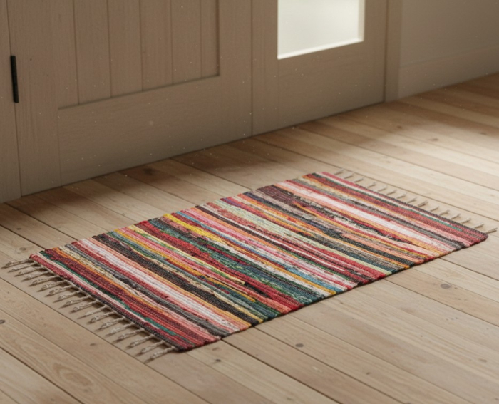 Covoras rustic, multicolor, din bumbac si poliester, cu franjuri, 100x70 cm [3]