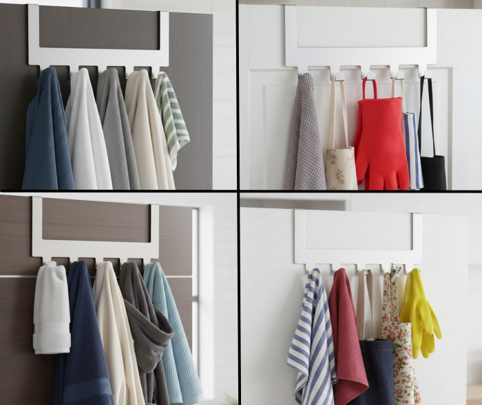 Cuier din Inox, 5 carlige, fixare pe usa, nu necesita holsuruburi, 30x7.5x14.5 cm [3]