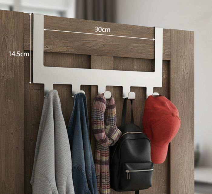 Cuier din Inox, 5 carlige, fixare pe usa, nu necesita holsuruburi, 30x7.5x14.5 cm [2]