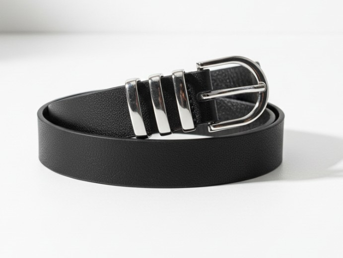 Curea neagra din piele ecologica, catarama argintie, moderna, pentru femei, 110x2.3 cm [1]
