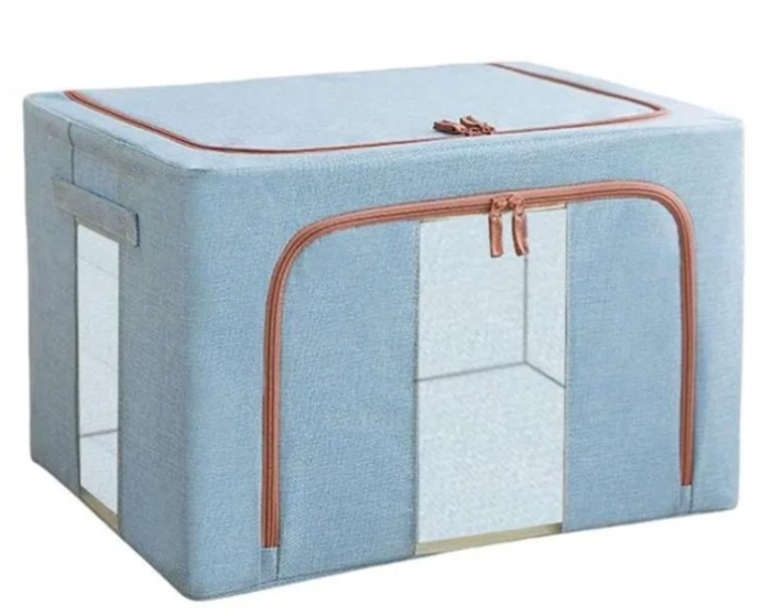 Cutie de Depozitare Pliabila, 66 L, din Bumbac si In, 50x40x33 cm, 2 Ferestre, Frontala si Laterala, 2 Usi de Acces cu Fermoar Bidirectional, Cadru Metalic, Suport Baza Stabil din Plastic, Bleu [2]