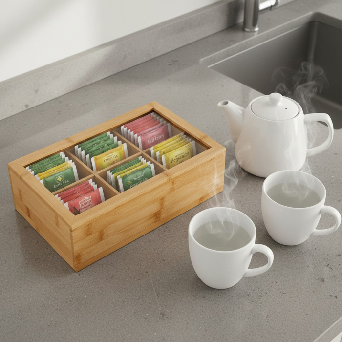 Cutie organizatoare universala pentru ceai, 6 compartimente, bambus, capac din sticla transparent, organizator bucatarie, 30x18x9 cm, bej [2]