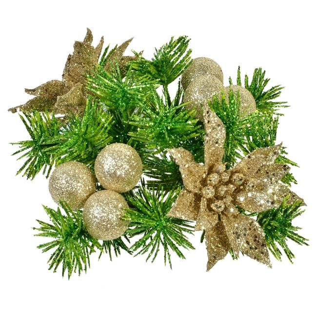 Decoratiune pentru lumanare cu crengute de brad si flori de Craciun aurii, 16 cm [1]