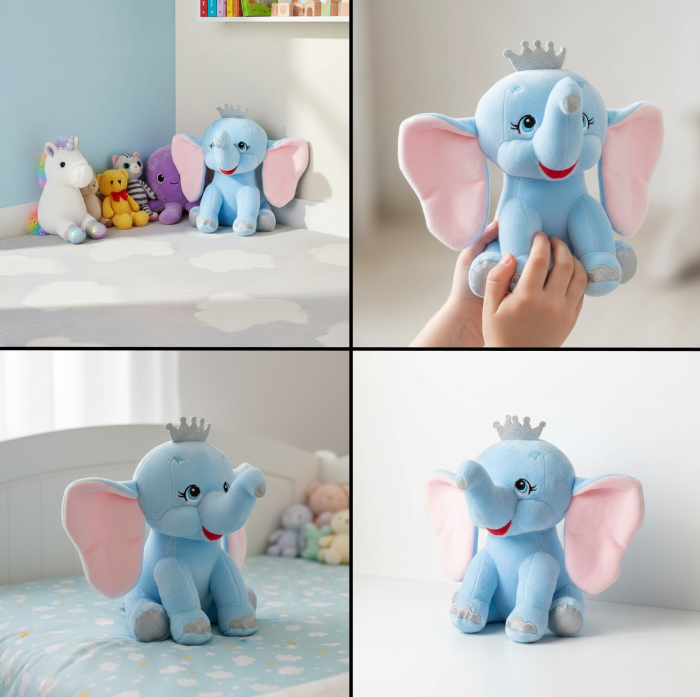 Elefant de plus, mode cu coronita, catifelat,  21 cm, albastru [2]