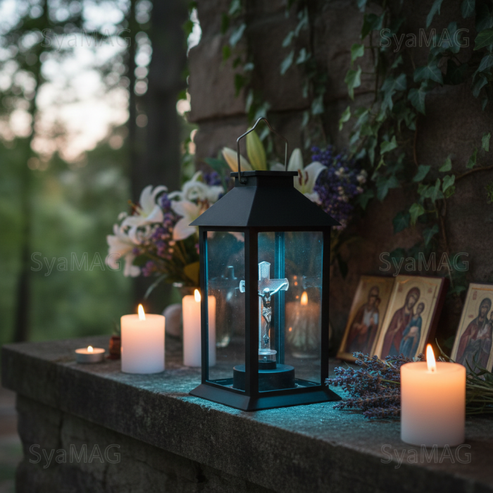 Felinar LED, lumina rece, alimentare solara, model cruce transparenta, 14x14x28 cm, negru, maner metalic, buton on/off, pentru cimitir, locuri de reculegere, gradini sau spatii memoriale [7]