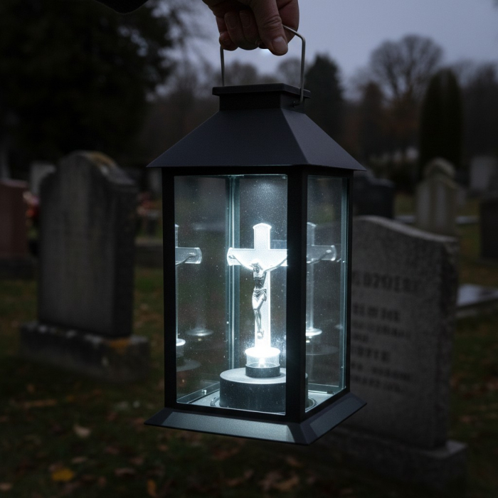 Felinar LED, lumina rece, alimentare solara, model cruce transparenta, 14x14x28 cm, negru, maner metalic, buton on/off, pentru cimitir, locuri de reculegere, gradini sau spatii memoriale [2]